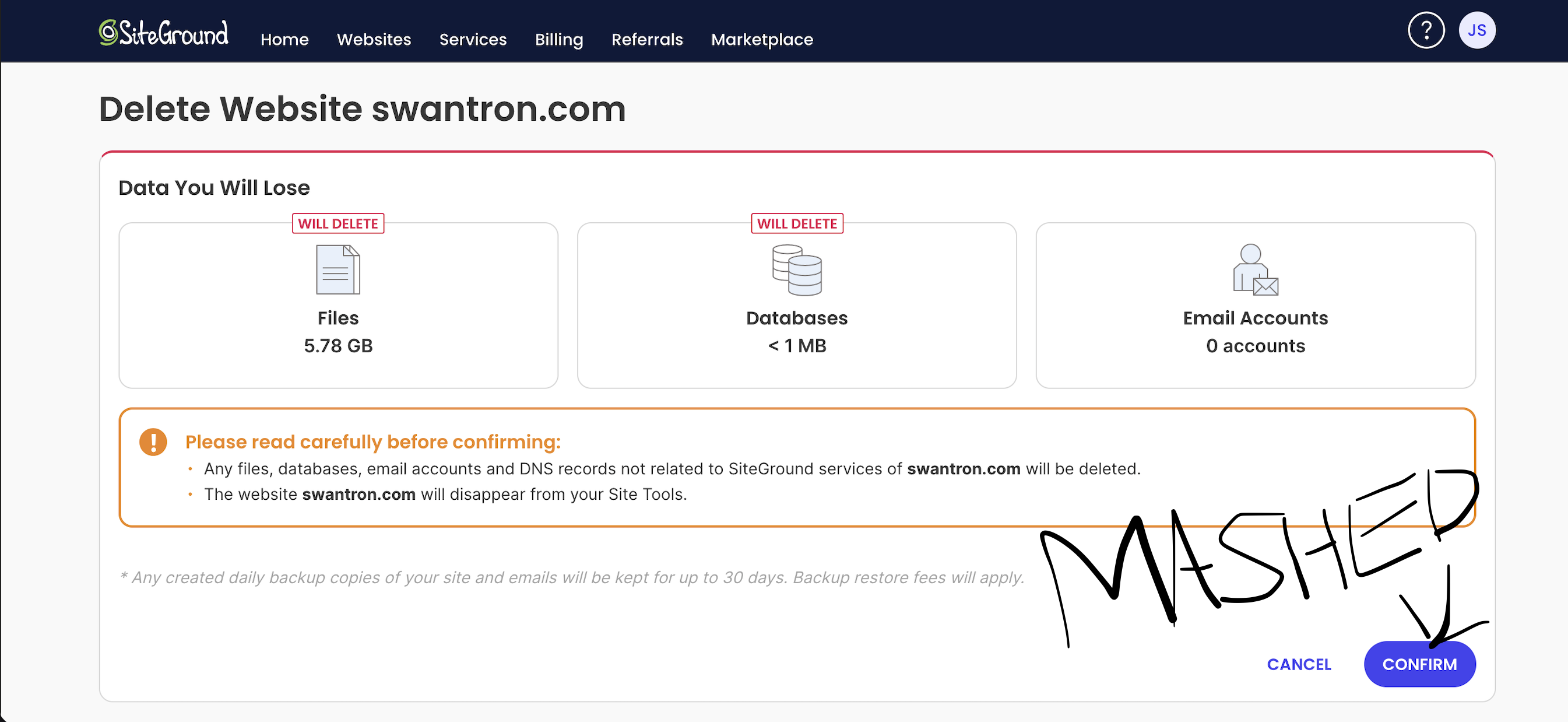 Deleting WordPress site - final step