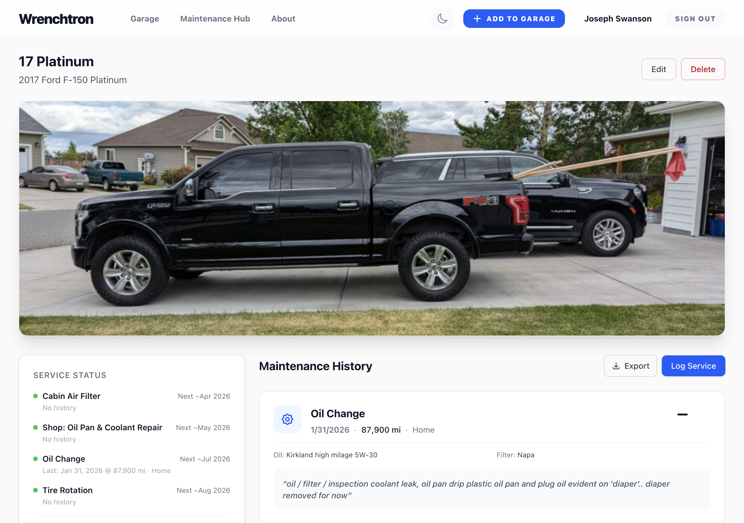 2017 F-150 Platinum — service status and maintenance history