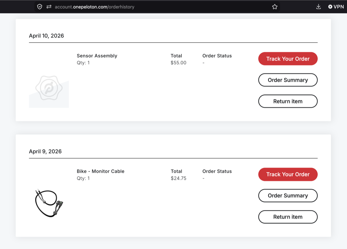 Peloton order history showing monitor cable April 9 and sensor assembly April 10