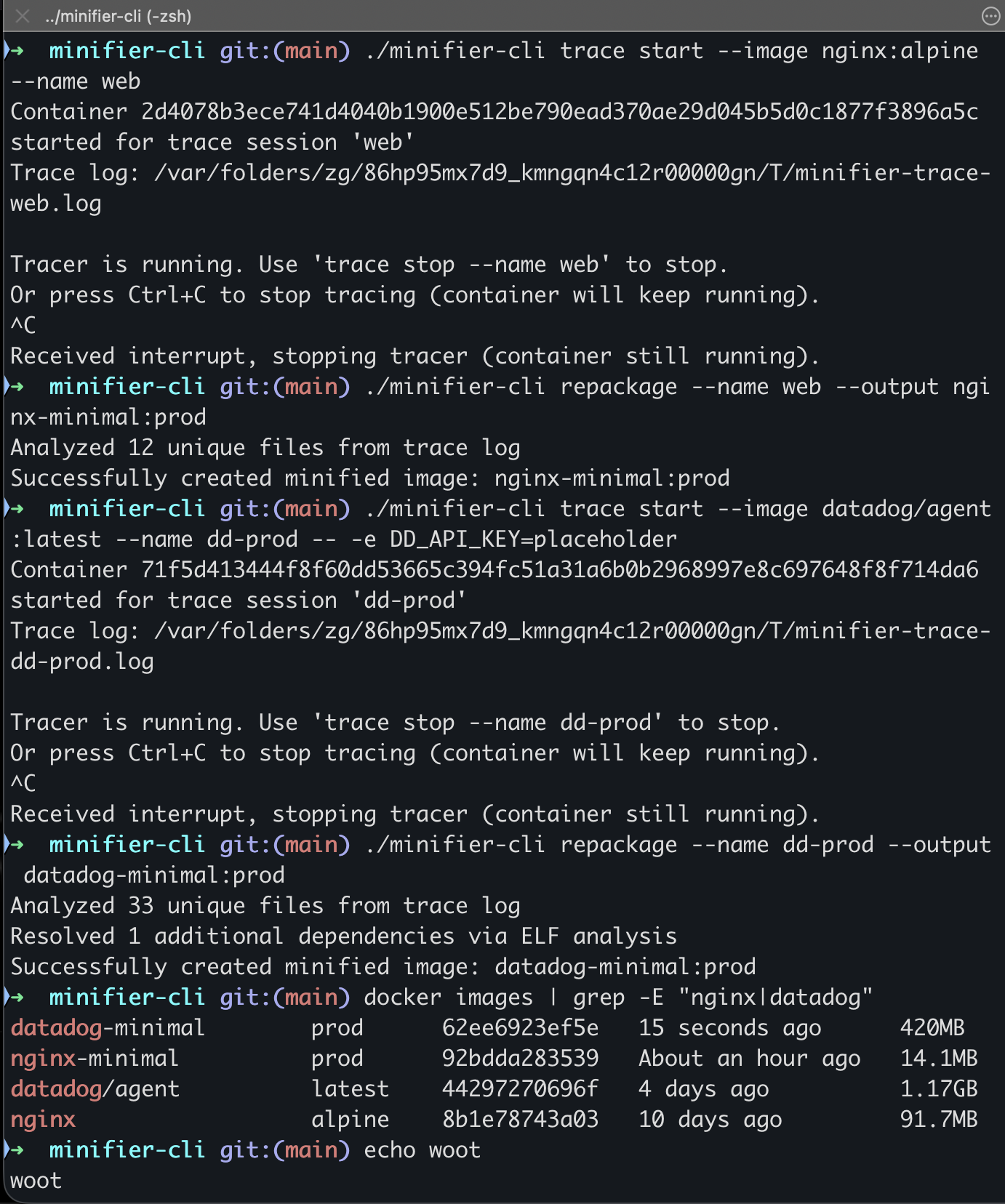 minifier-cli terminal output: trace, repackage, and docker images before and after