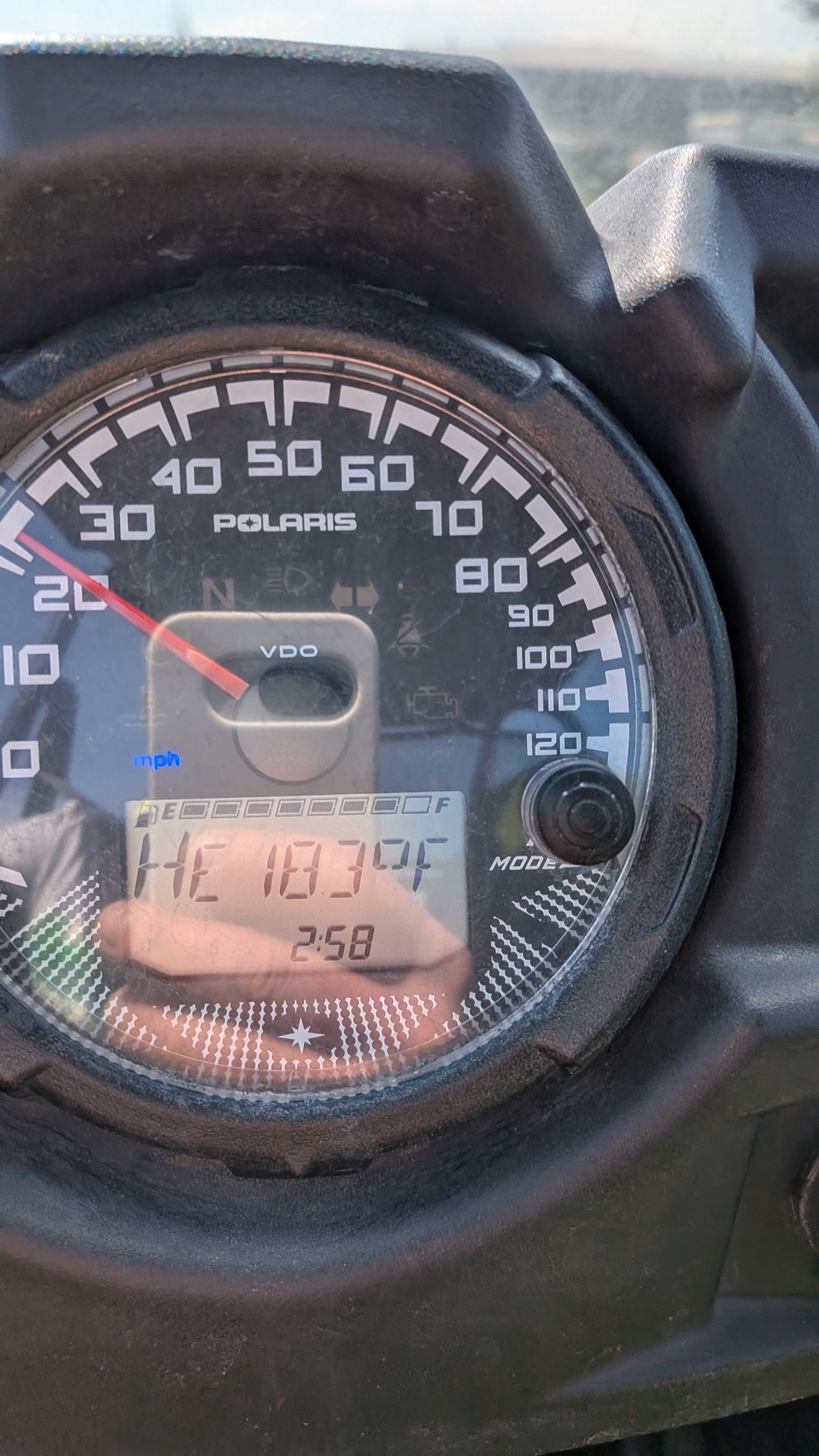 RZR dash coolant readout at 183°F, early in the ride