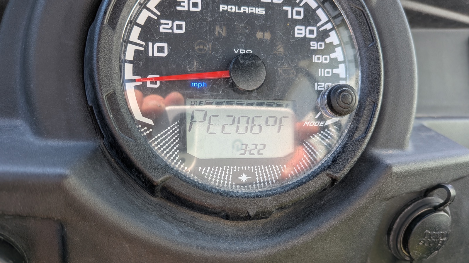 RZR dash coolant readout at 206°F, later in the same ride