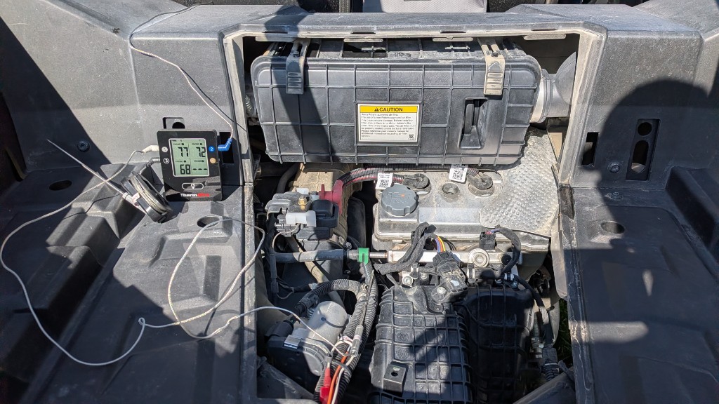 ThermoPro TP25 in the RZR engine bay before the Saturday ride, three tips live, jack 4 empty