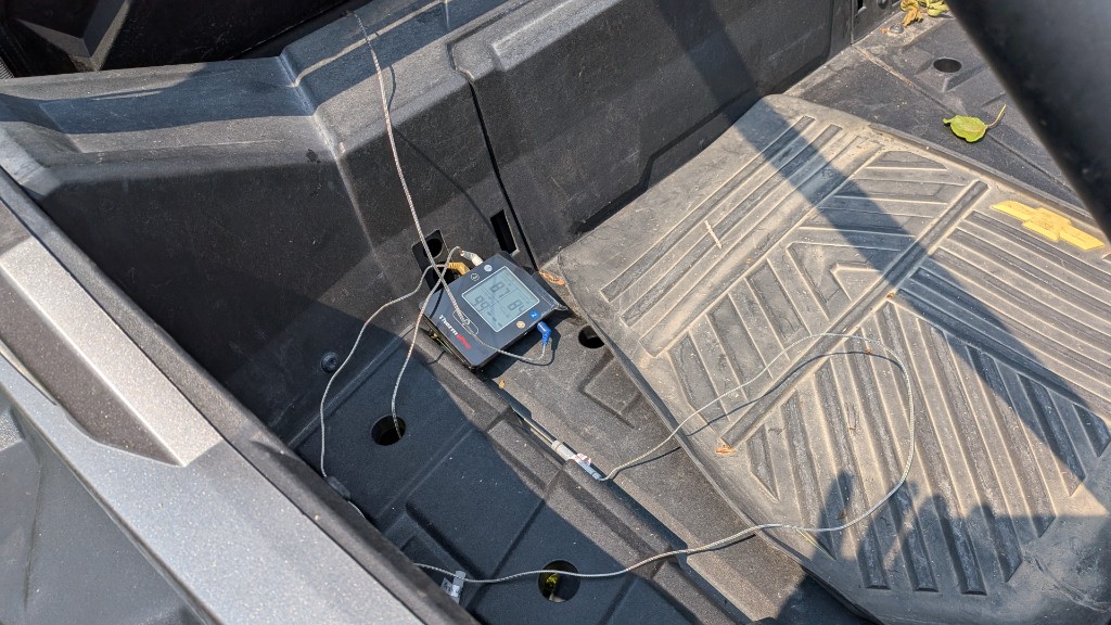 ThermoPro TP25 on the RZR floor, one cable routed through the floor toward the clutch