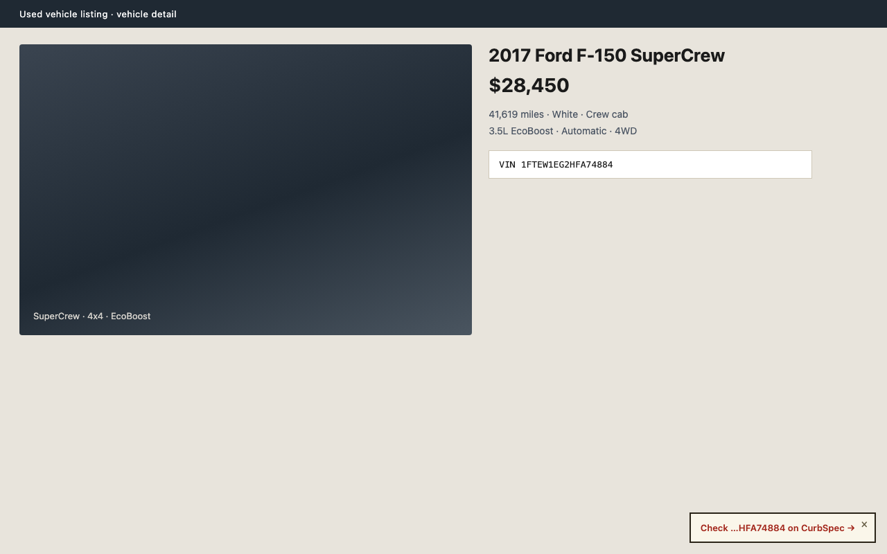 Paper button on a listing detail page. The VIN is already on screen.